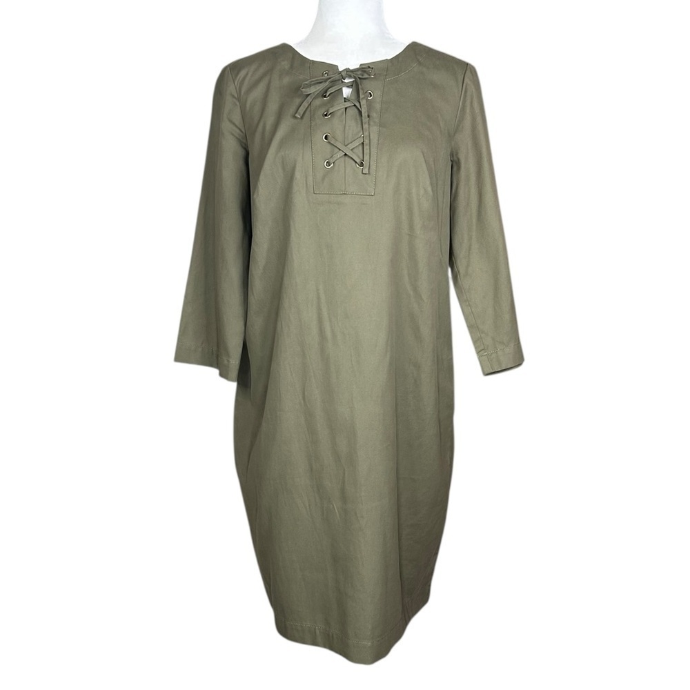 Talbots Shift Dress 10 NEW Lace Up 3/4 Sleeve Tencel  Army Green Closet Staple